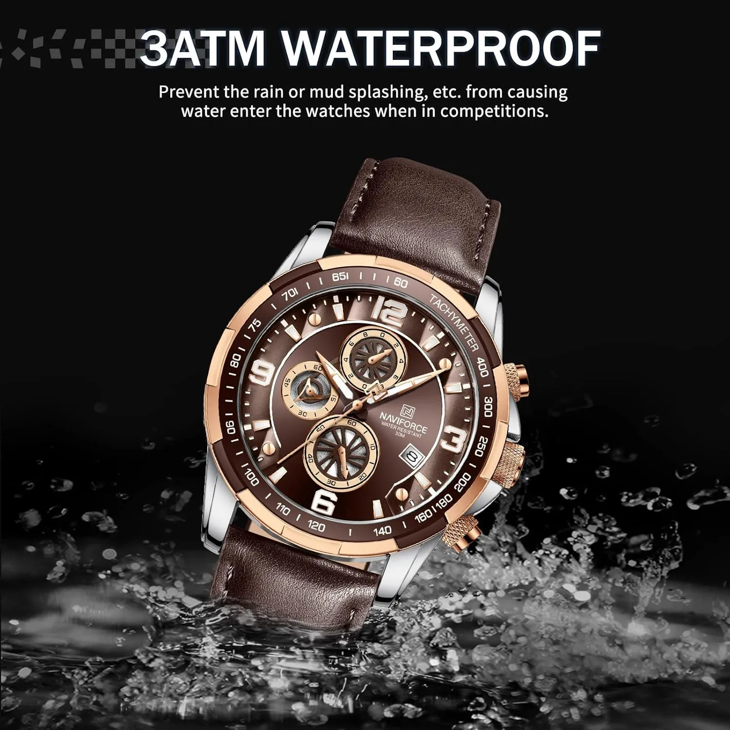 NAVIFORCE Sport Watches for Men Analog Quartz Chronograph Leather Strap Wrist Watch