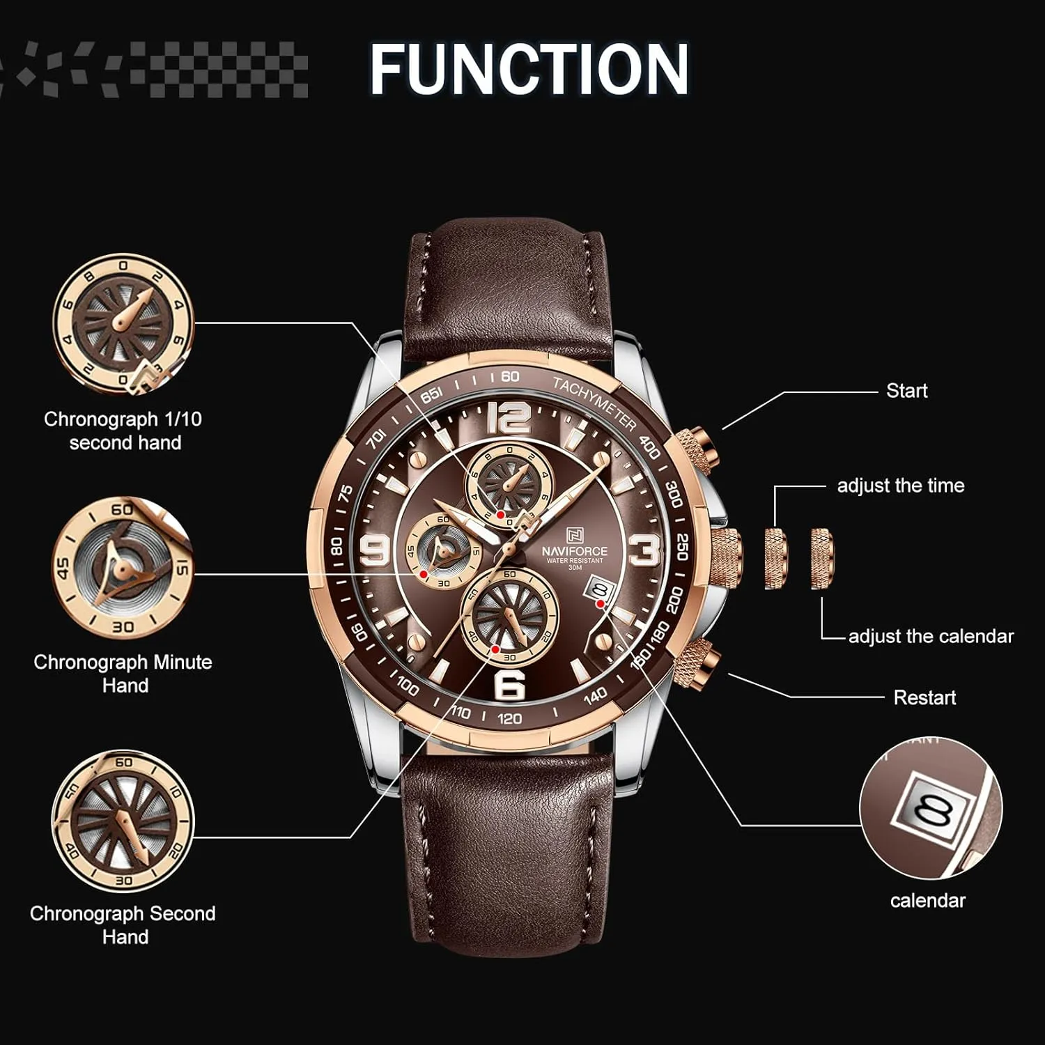 NAVIFORCE Sport Watches for Men Analog Quartz Chronograph Leather Strap Wrist Watch