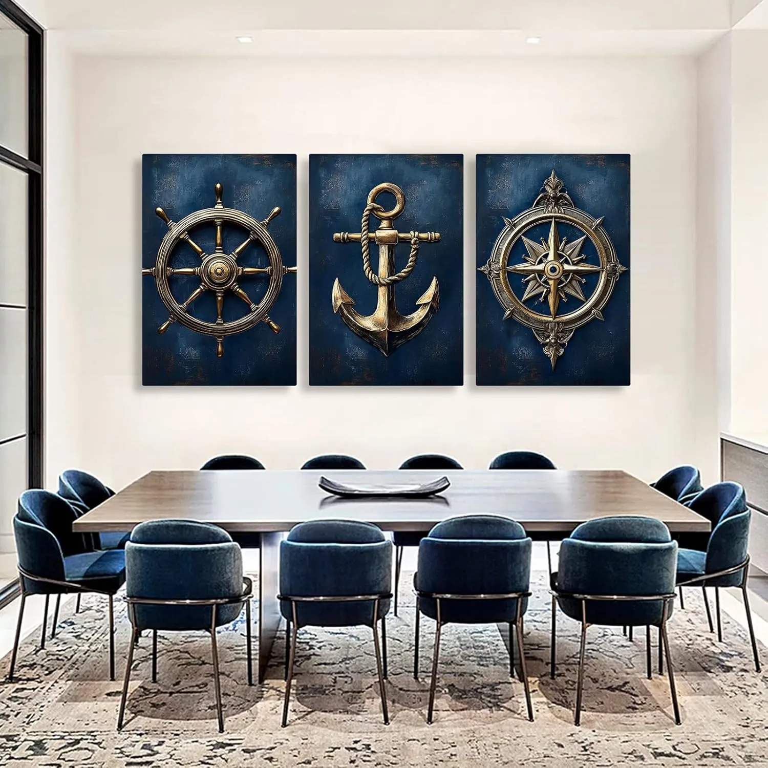 Navy Blue Nautical Canvas Wall Art, Anchor Pictures Wall Decor, Compass Wall Art, Ship Steering Wheel Wall Decor, Coastal Canvas Print, Wall Posters for Living Room, Bedroom (12" x 18" x 3 pcs)