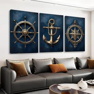 Navy Blue Nautical Canvas Wall Art, Anchor Pictures Wall Decor, Compass Wall Art, Ship Steering Wheel Wall Decor, Coastal Canvas Print, Wall Posters for Living Room, Bedroom (12" x 18" x 3 pcs)