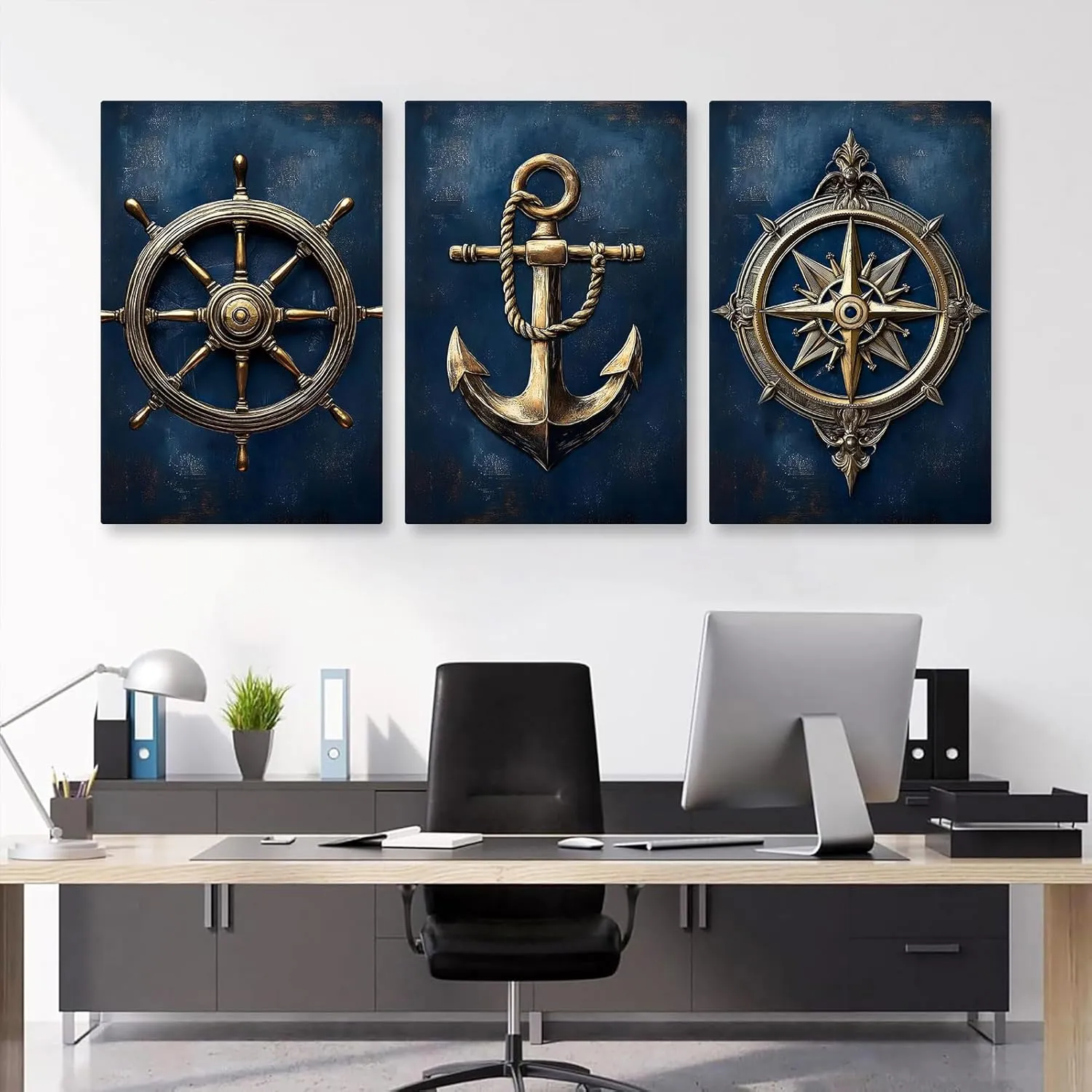 Navy Blue Nautical Canvas Wall Art, Anchor Pictures Wall Decor, Compass Wall Art, Ship Steering Wheel Wall Decor, Coastal Canvas Print, Wall Posters for Living Room, Bedroom (12" x 18" x 3 pcs)
