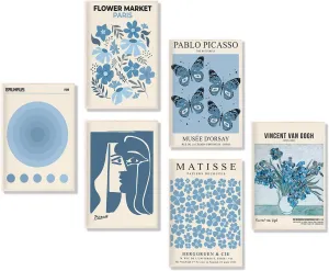 Nekiwa Vintage Matisse Wall Art Set of 6, William Morris Posters, Blue Flower Market Wall Art Prints, Colorful Minimalist Wall Art, Retro Gallery Room Decor for Aesthetic Bedroom 12x18in Unframe
