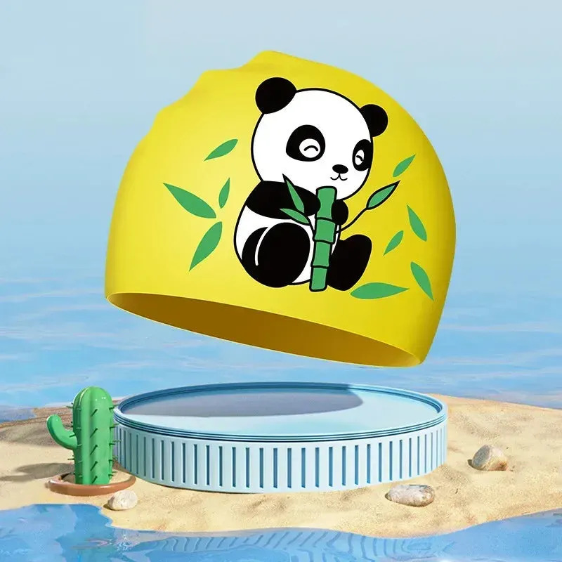 New Boys Girls Swim Caps Cute Cartoon Panda Silicone Simming Hat High Elastic Waterproof Kids Swimming Pool Accessories Swim Hat