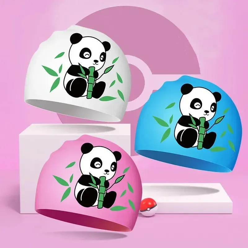 New Boys Girls Swim Caps Cute Cartoon Panda Silicone Simming Hat High Elastic Waterproof Kids Swimming Pool Accessories Swim Hat