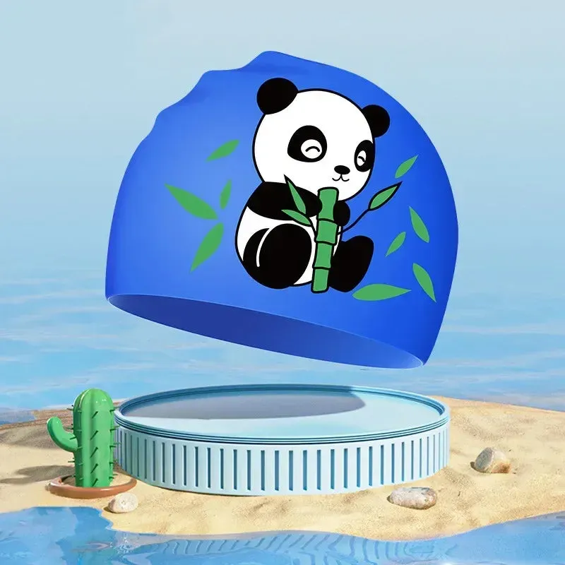 New Boys Girls Swim Caps Cute Cartoon Panda Silicone Simming Hat High Elastic Waterproof Kids Swimming Pool Accessories Swim Hat