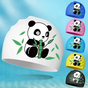 New Boys Girls Swim Caps Cute Cartoon Panda Silicone Simming Hat High Elastic Waterproof Kids Swimming Pool Accessories Swim Hat