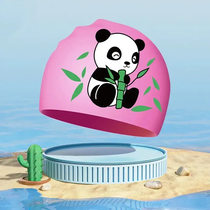 New Boys Girls Swim Caps Cute Cartoon Panda Silicone Simming Hat High Elastic Waterproof Kids Swimming Pool Accessories Swim Hat