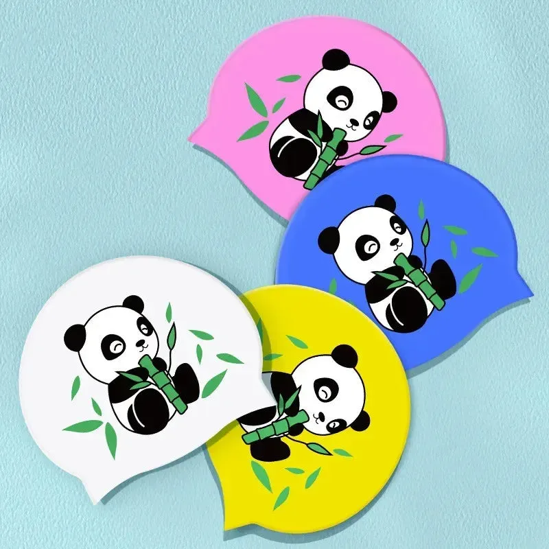 New Boys Girls Swim Caps Cute Cartoon Panda Silicone Simming Hat High Elastic Waterproof Kids Swimming Pool Accessories Swim Hat