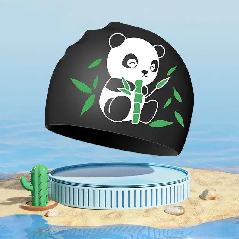 New Boys Girls Swim Caps Cute Cartoon Panda Silicone Simming Hat High Elastic Waterproof Kids Swimming Pool Accessories Swim Hat