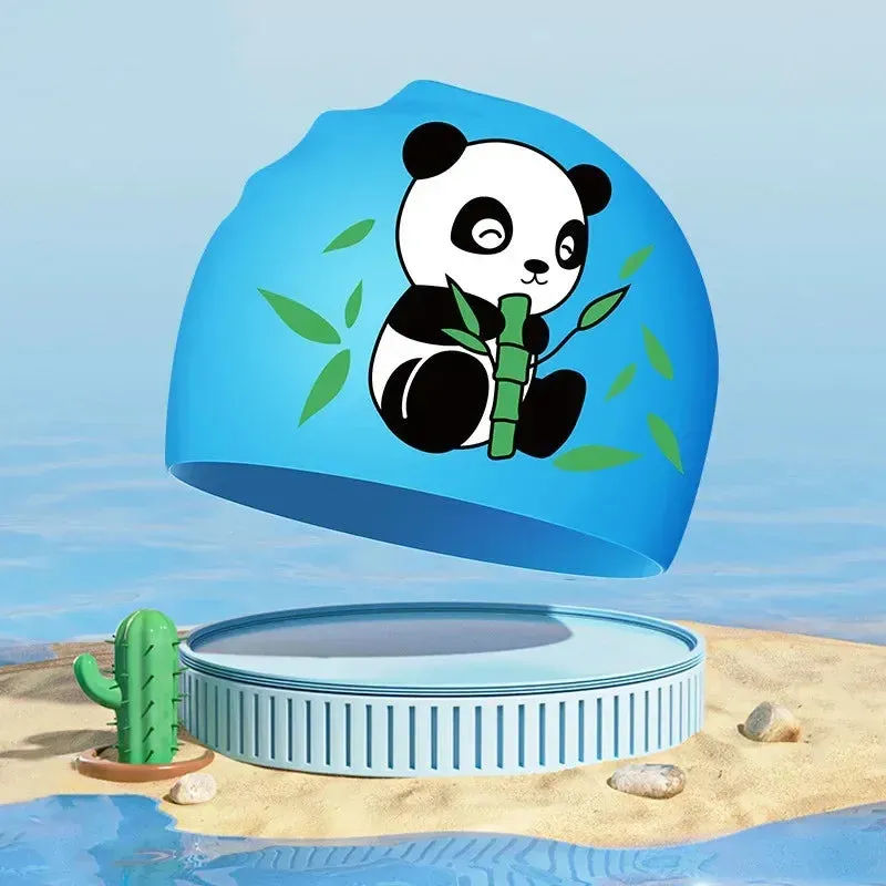 New Boys Girls Swim Caps Cute Cartoon Panda Silicone Simming Hat High Elastic Waterproof Kids Swimming Pool Accessories Swim Hat