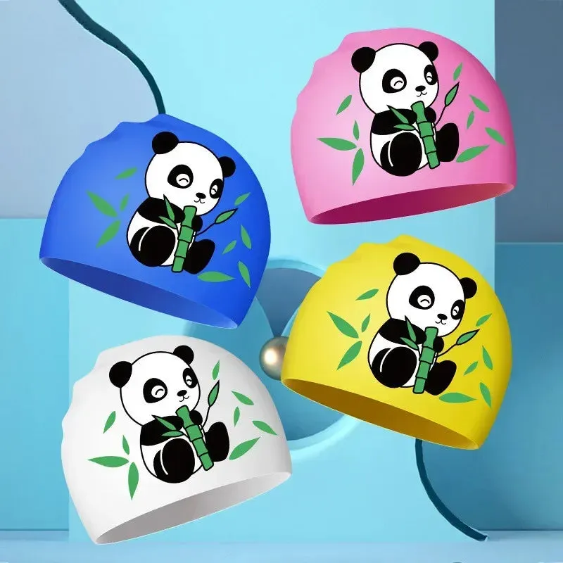New Boys Girls Swim Caps Cute Cartoon Panda Silicone Simming Hat High Elastic Waterproof Kids Swimming Pool Accessories Swim Hat