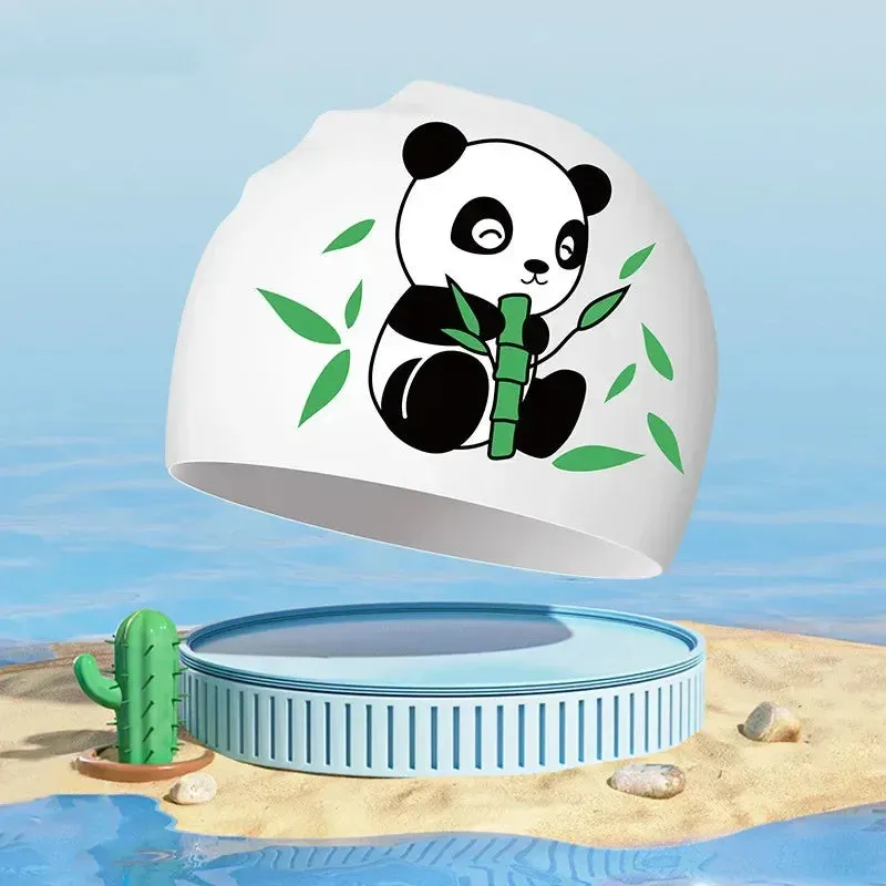 New Boys Girls Swim Caps Cute Cartoon Panda Silicone Simming Hat High Elastic Waterproof Kids Swimming Pool Accessories Swim Hat