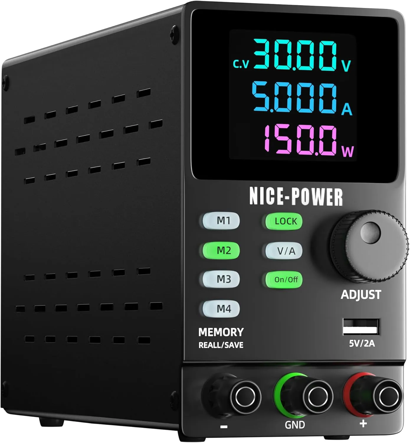 NICE-POWER DC Power Supply Variable, 30V 5A Adjustable Regulated Lab Bench Power Supply with Encoder Knob, Memory Storage, Color 4-Digit Display, Output Switch, Lock Button, 5V/2A USB Port