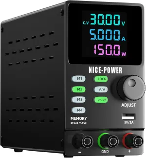 NICE-POWER DC Power Supply Variable, 30V 5A Adjustable Regulated Lab Bench Power Supply with Encoder Knob, Memory Storage, Color 4-Digit Display, Output Switch, Lock Button, 5V/2A USB Port