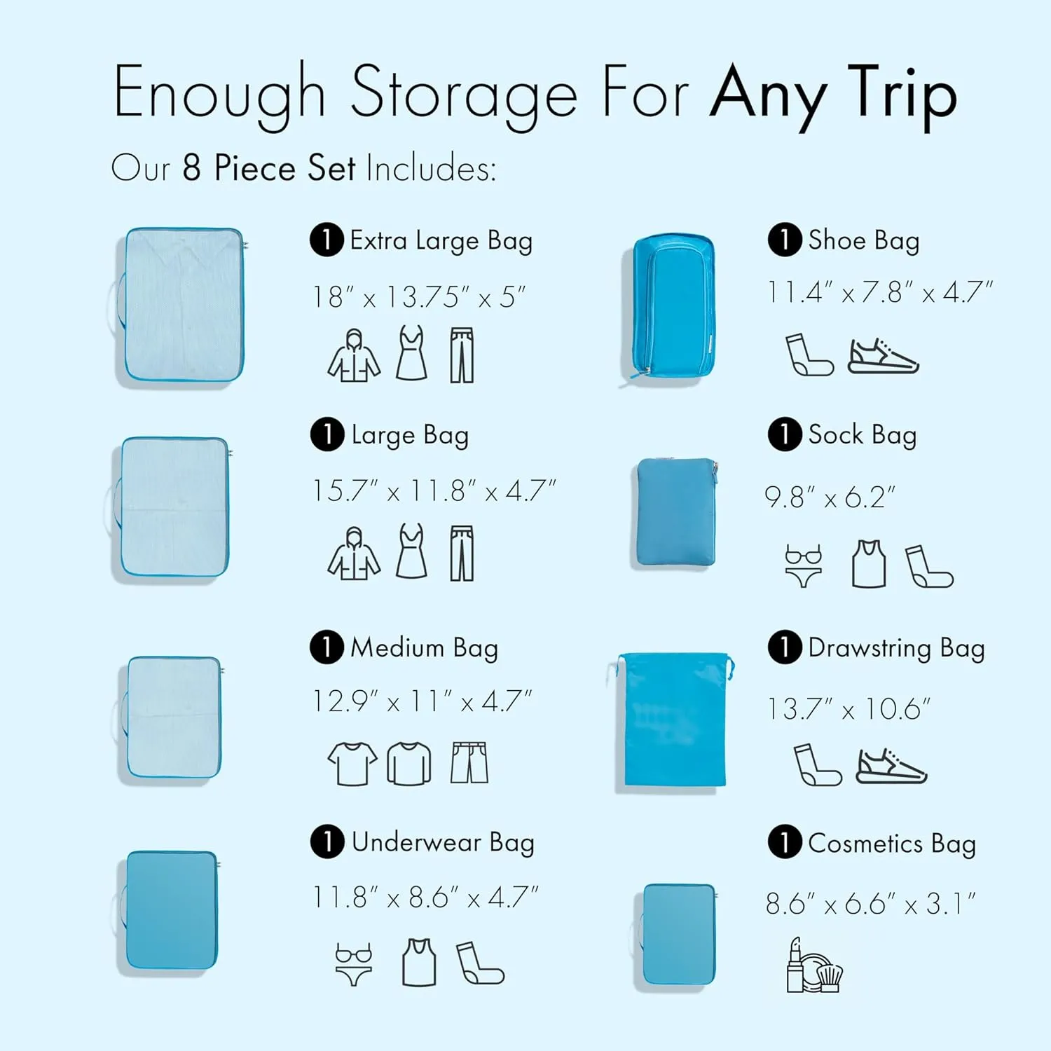 (Not Made In China) 8 Set Packing Cubes For Travel, Luggage and Suitcase Organizer Bags, Cruise Ship Essentials, TSA and Airline Approved Travel Accessories (Blue)