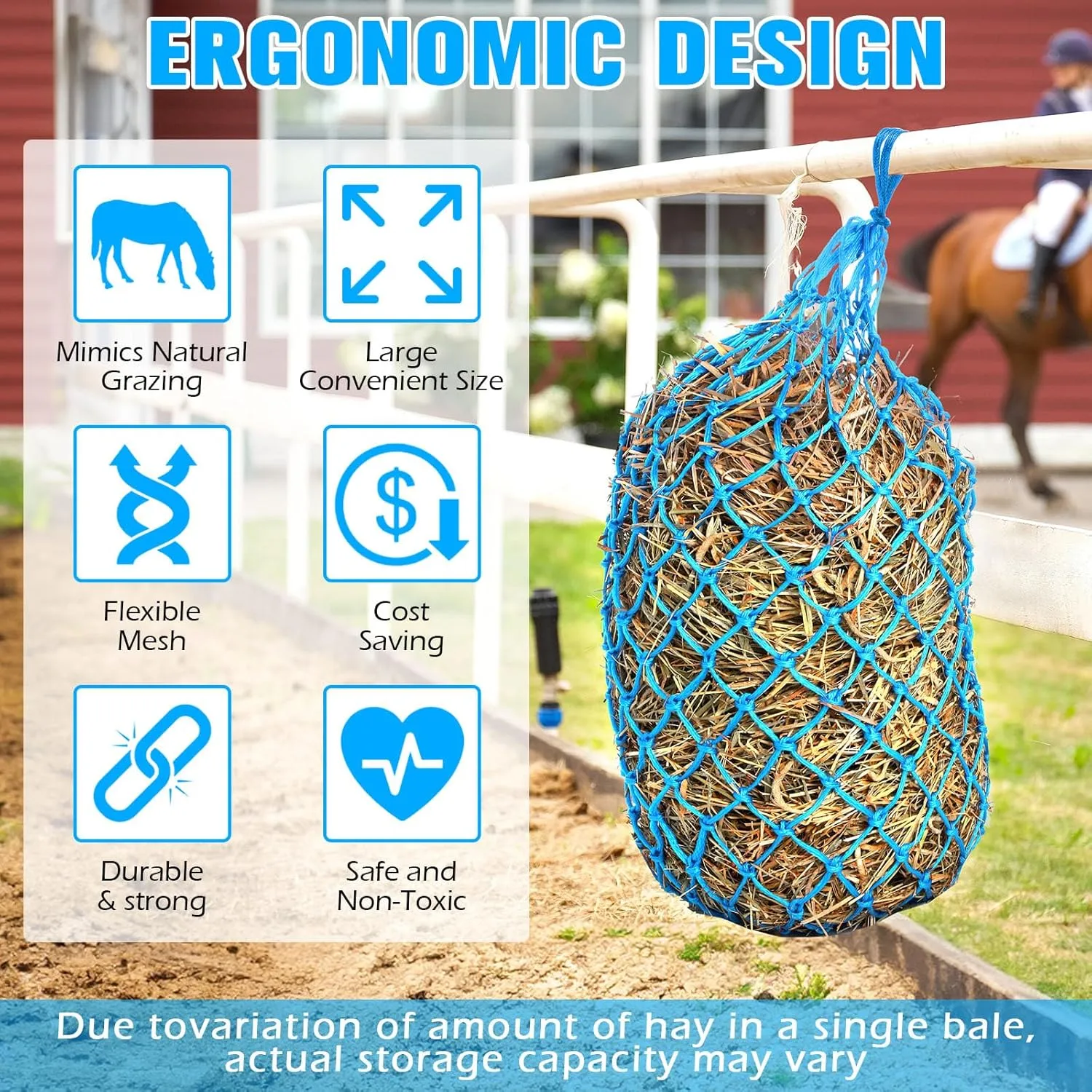 Nuenen 4 Pcs Slow Feed Hay Bag 40 Inch Hay Nets for Horses Hanging Hay Feeder for Goats 2 x 2 Inch Mesh Holes Horse Hay Bag Horse Feeding Supplies for Trailer and Stall, Simulates Grazing (Sky Blue)