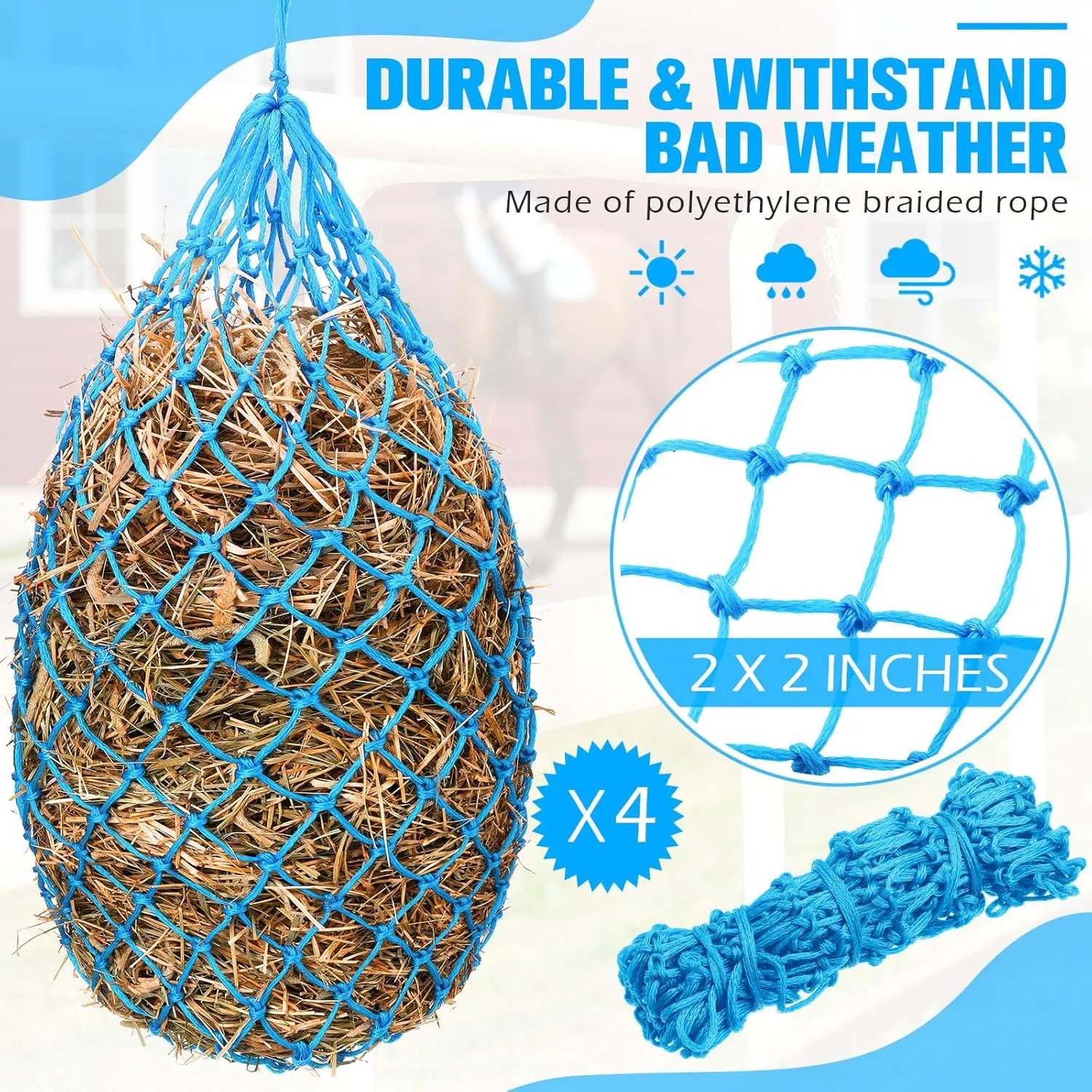 Nuenen 4 Pcs Slow Feed Hay Bag 40 Inch Hay Nets for Horses Hanging Hay Feeder for Goats 2 x 2 Inch Mesh Holes Horse Hay Bag Horse Feeding Supplies for Trailer and Stall, Simulates Grazing (Sky Blue)