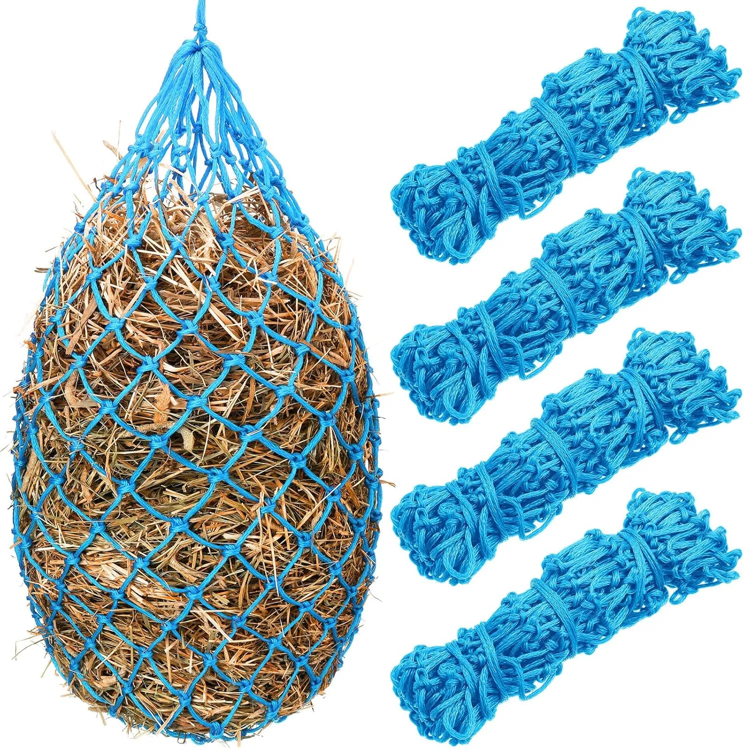 Nuenen 4 Pcs Slow Feed Hay Bag 40 Inch Hay Nets for Horses Hanging Hay Feeder for Goats 2 x 2 Inch Mesh Holes Horse Hay Bag Horse Feeding Supplies for Trailer and Stall, Simulates Grazing (Sky Blue)