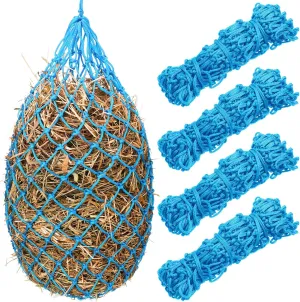 Nuenen 4 Pcs Slow Feed Hay Bag 40 Inch Hay Nets for Horses Hanging Hay Feeder for Goats 2 x 2 Inch Mesh Holes Horse Hay Bag Horse Feeding Supplies for Trailer and Stall, Simulates Grazing (Sky Blue)