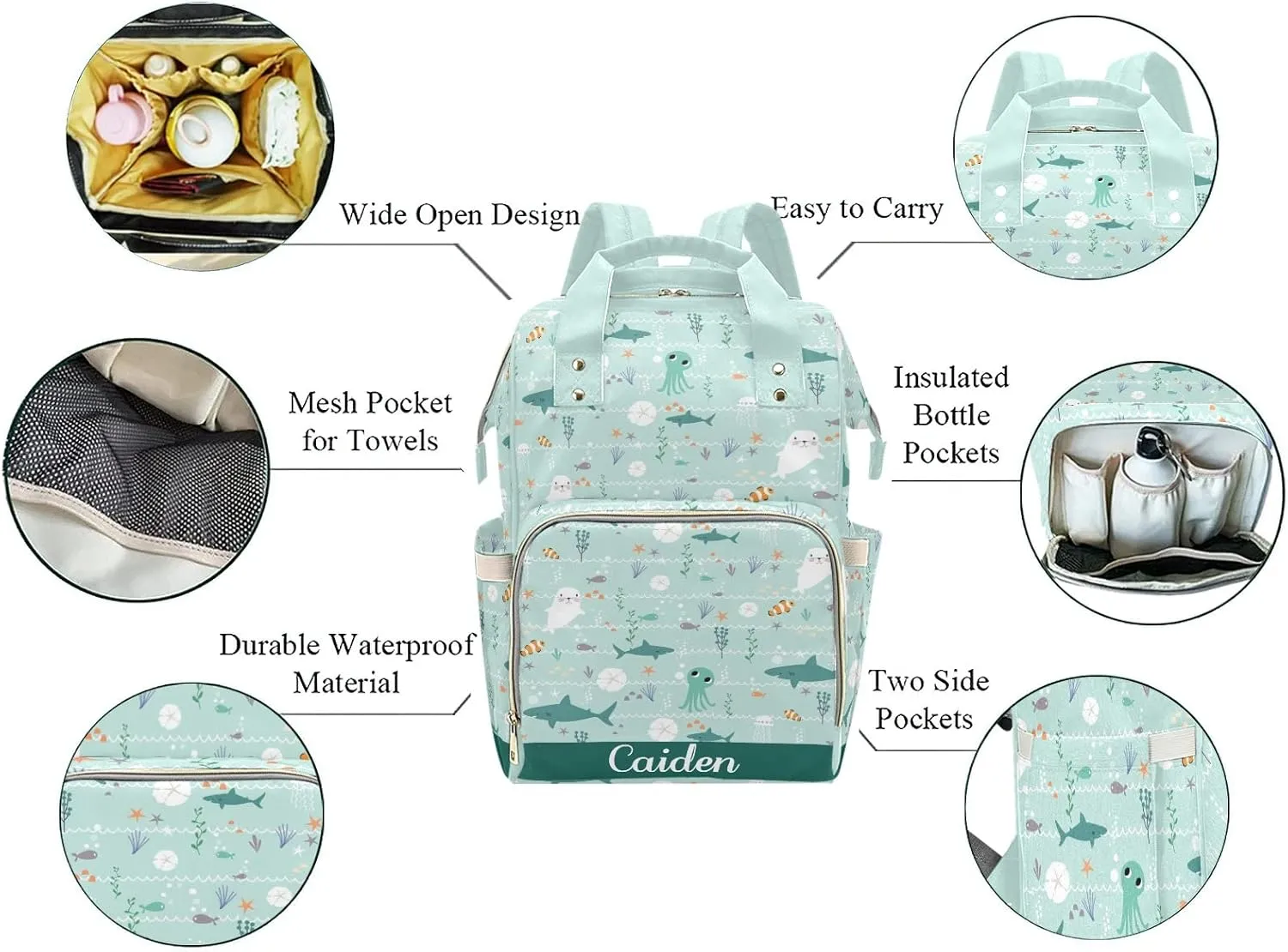 Ocean Nautical Sea Life Personalized Diaper Backpack with Name,Custom Travel DayPack for Nappy Mommy Nursing Baby Bag One Size