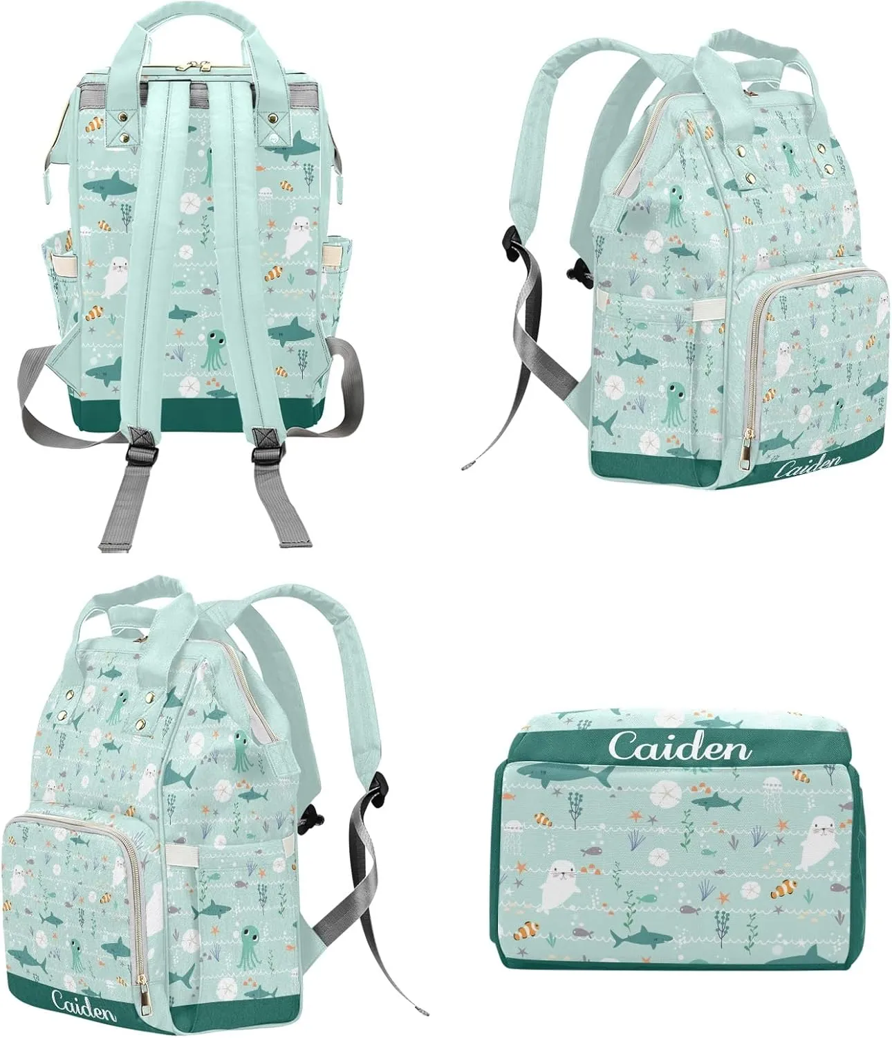 Ocean Nautical Sea Life Personalized Diaper Backpack with Name,Custom Travel DayPack for Nappy Mommy Nursing Baby Bag One Size