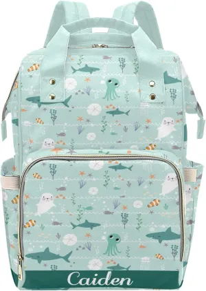 Ocean Nautical Sea Life Personalized Diaper Backpack with Name,Custom Travel DayPack for Nappy Mommy Nursing Baby Bag One Size