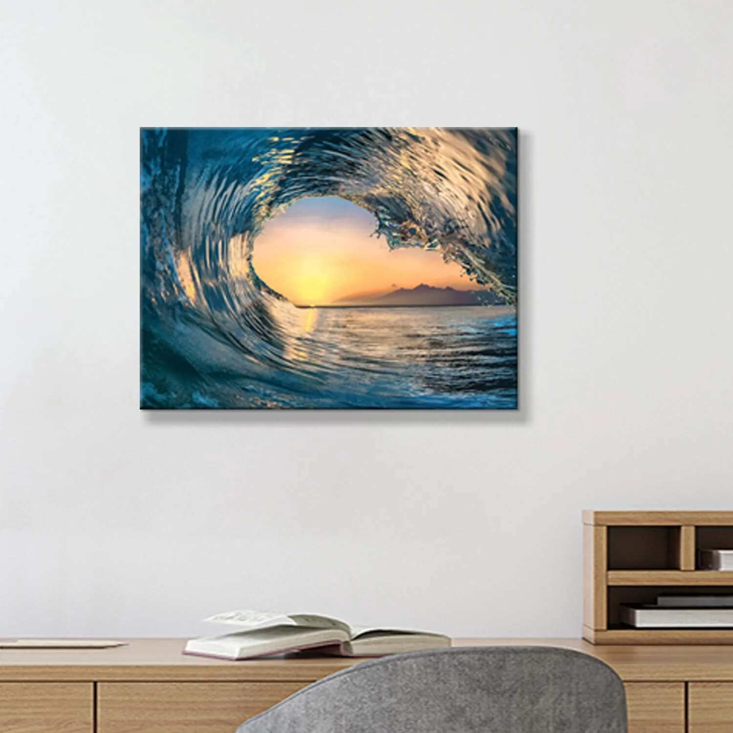 Ocean Wave Picture Wall Art: Tropical Seascape Sunset Canvas Prints for Office (16'' x 12'' x 1 Panel)
