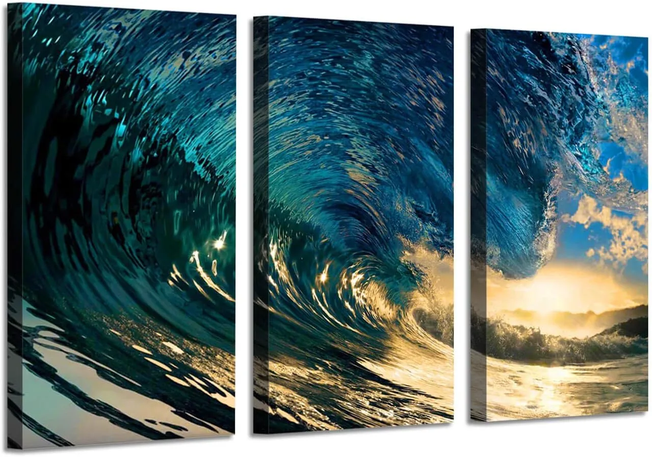 Ocean Wave Pictures Wall Art - Blue Rolling Sea Canvas Print Surfing Seascape Artwork Beach Painting for Living Room
