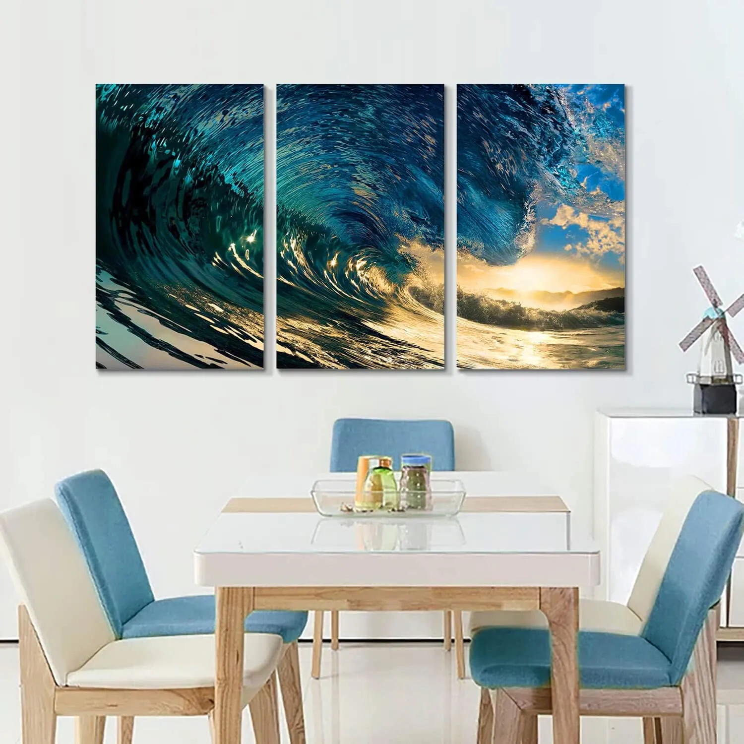Ocean Wave Pictures Wall Art - Blue Rolling Sea Canvas Print Surfing Seascape Artwork Beach Painting for Living Room