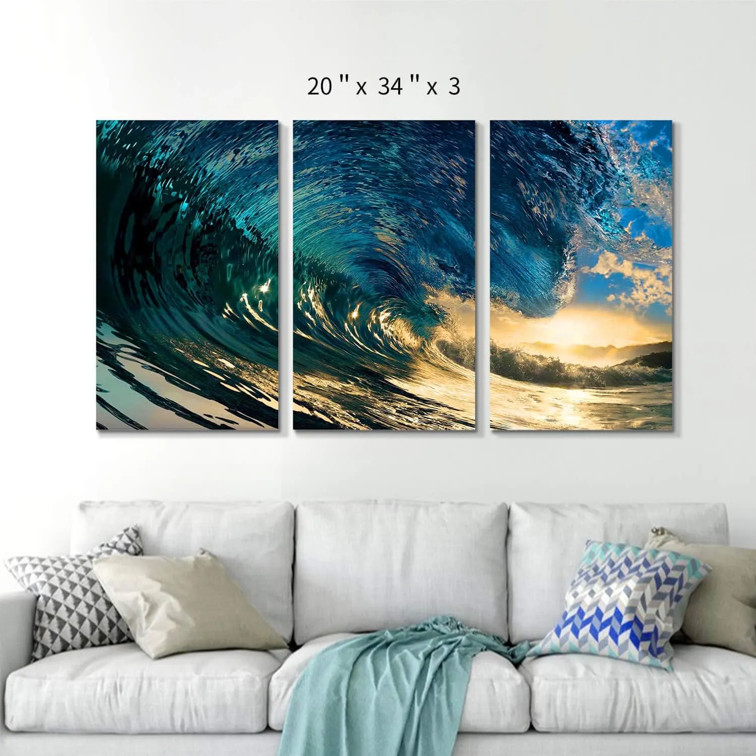 Ocean Wave Pictures Wall Art - Blue Rolling Sea Canvas Print Surfing Seascape Artwork Beach Painting for Living Room
