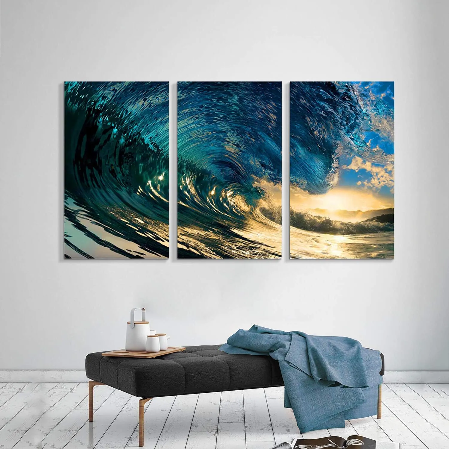Ocean Wave Pictures Wall Art - Blue Rolling Sea Canvas Print Surfing Seascape Artwork Beach Painting for Living Room