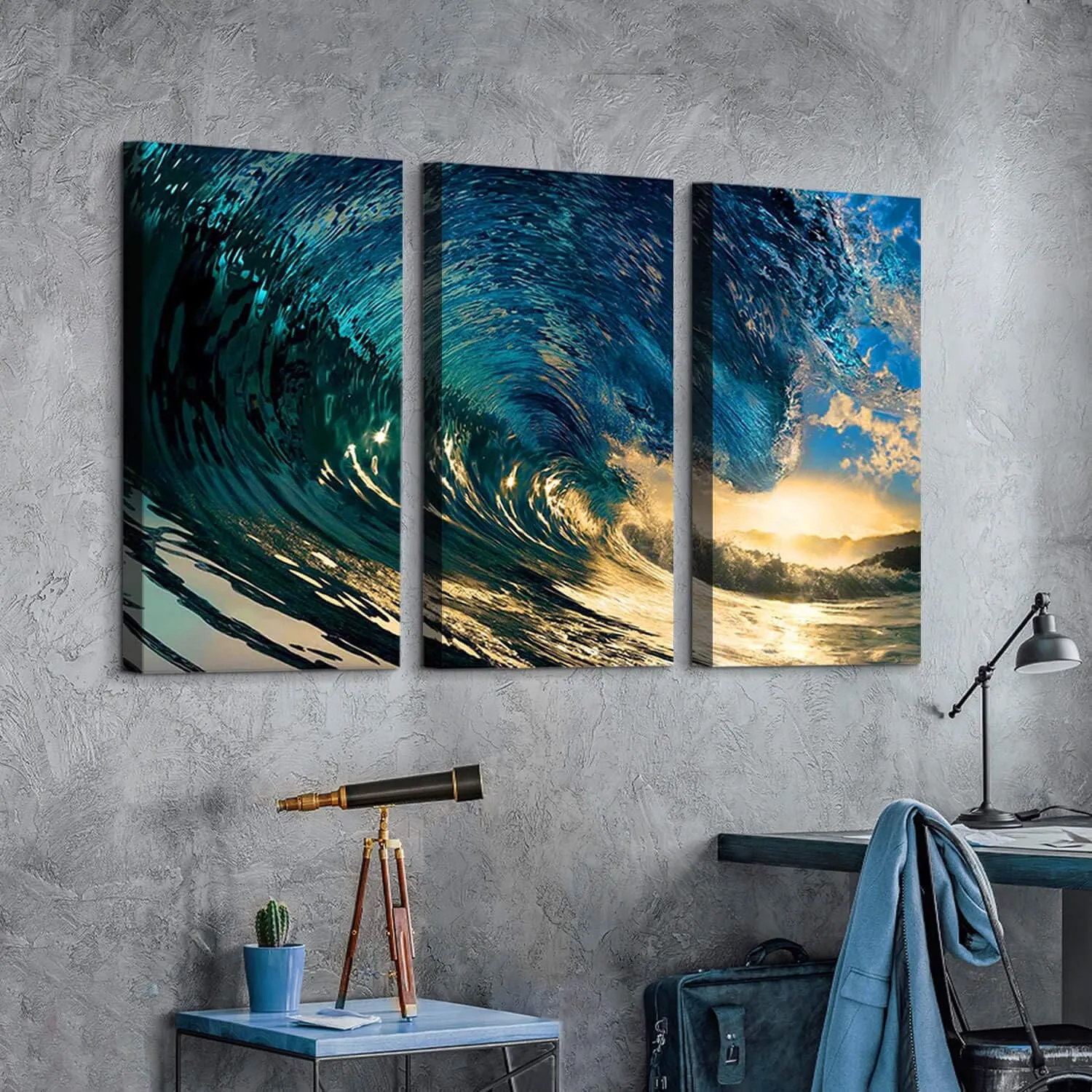 Ocean Wave Pictures Wall Art - Blue Rolling Sea Canvas Print Surfing Seascape Artwork Beach Painting for Living Room