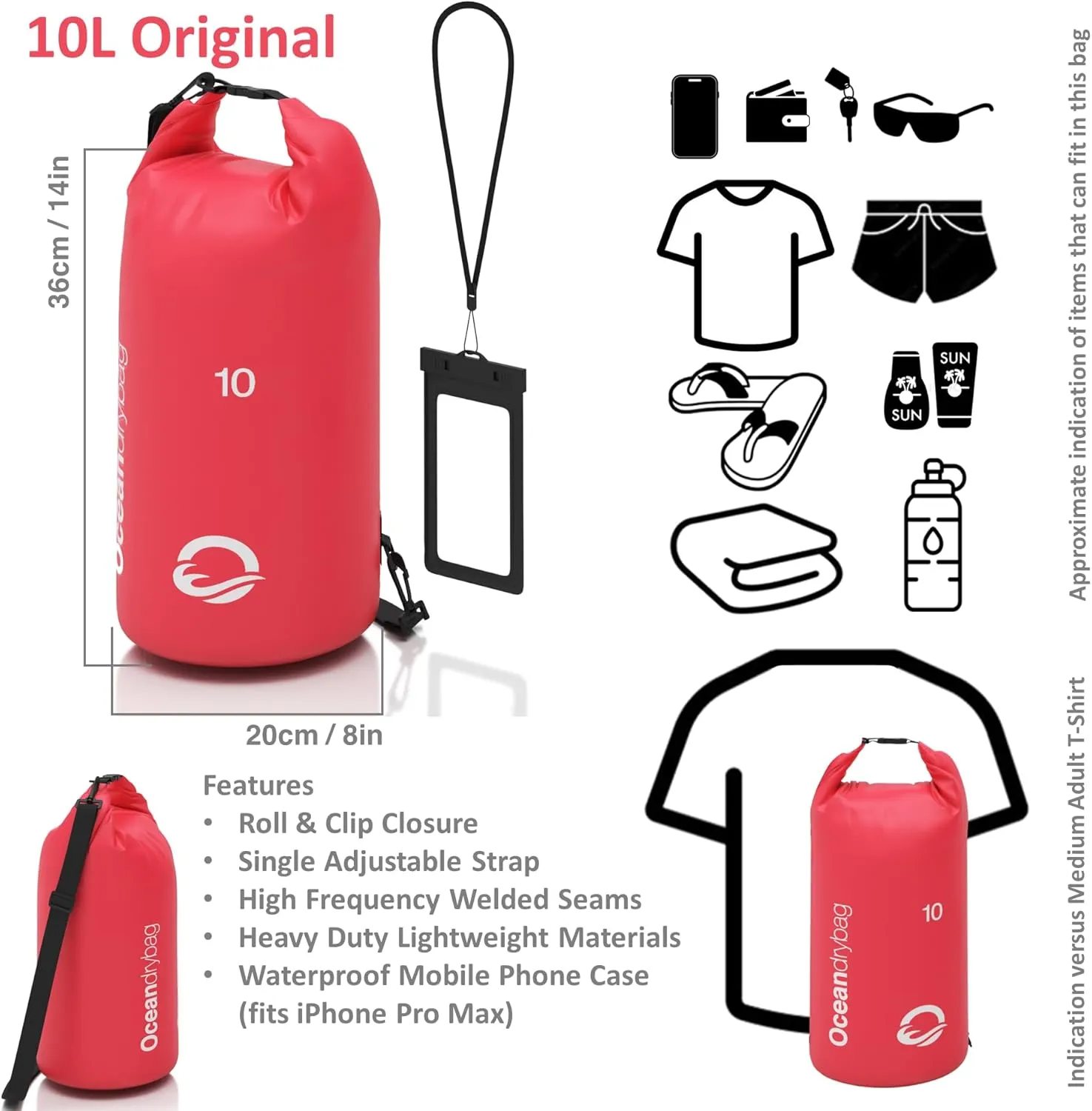 Oceandrybag - Waterproof Dry Bag Backpack - Floating Dry Sack Portable for Kayaking, Beach, Rafting, Boating, Hiking, Camping, Fishing with Waterproof Phone Case