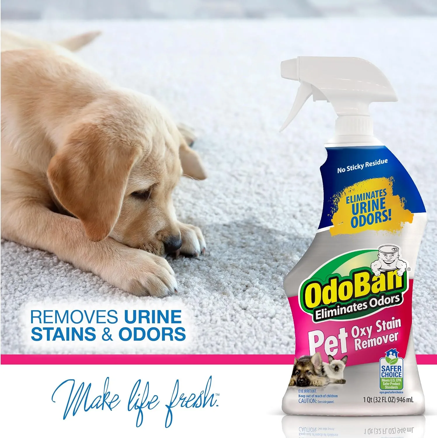 OdoBan Pet Solutions Oxy Stain Remover, Pet Stain Eliminator, 4-Pack, 32 Ounce Spray Each