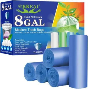 OKKEAI 8 Gallon Kitchen Trash Bags Blue Garbage Bags Strong 30L Trash Can Bags Medium Wastebasket Bin Liners for Home Office, Lawn,Bathroom,60 Count (Fits 7-10 Gallon Bins)