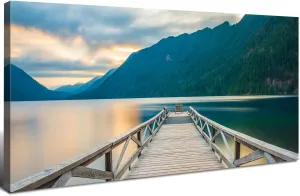 Olympic Mountain Canvas Wall Art Living Room Decor Crescent Lake Landscape Pictures Sunset National Park Posters Nature Wood Dock Scenery Painting Artwork for Bedroom Office Home Decoration 20x40"