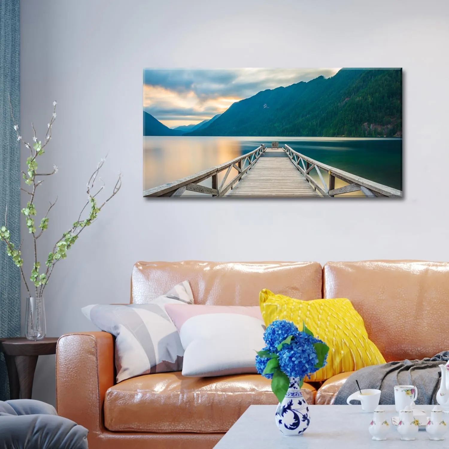 Olympic Mountain Canvas Wall Art Living Room Decor Crescent Lake Landscape Pictures Sunset National Park Posters Nature Wood Dock Scenery Painting Artwork for Bedroom Office Home Decoration 20x40"
