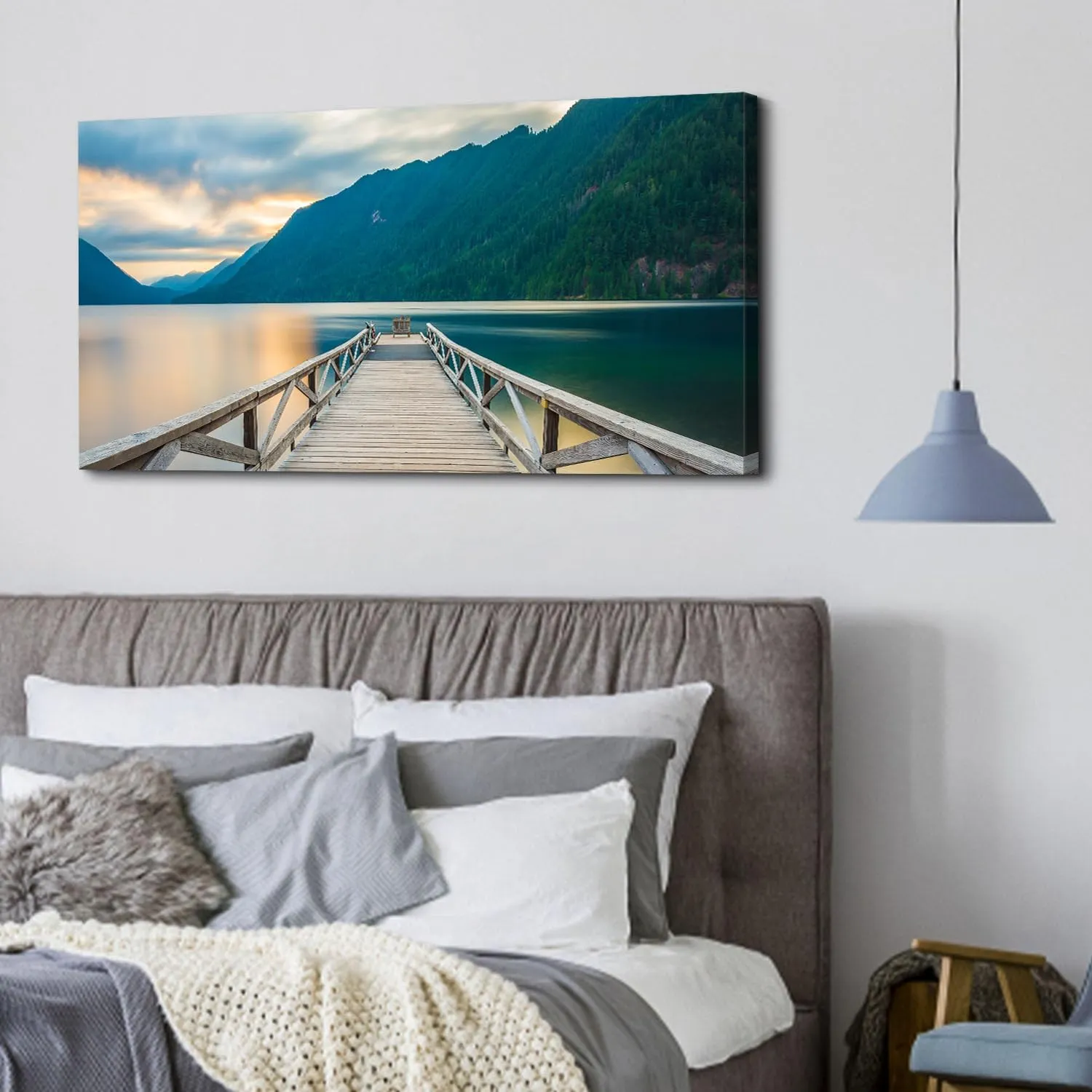 Olympic Mountain Canvas Wall Art Living Room Decor Crescent Lake Landscape Pictures Sunset National Park Posters Nature Wood Dock Scenery Painting Artwork for Bedroom Office Home Decoration 20x40"