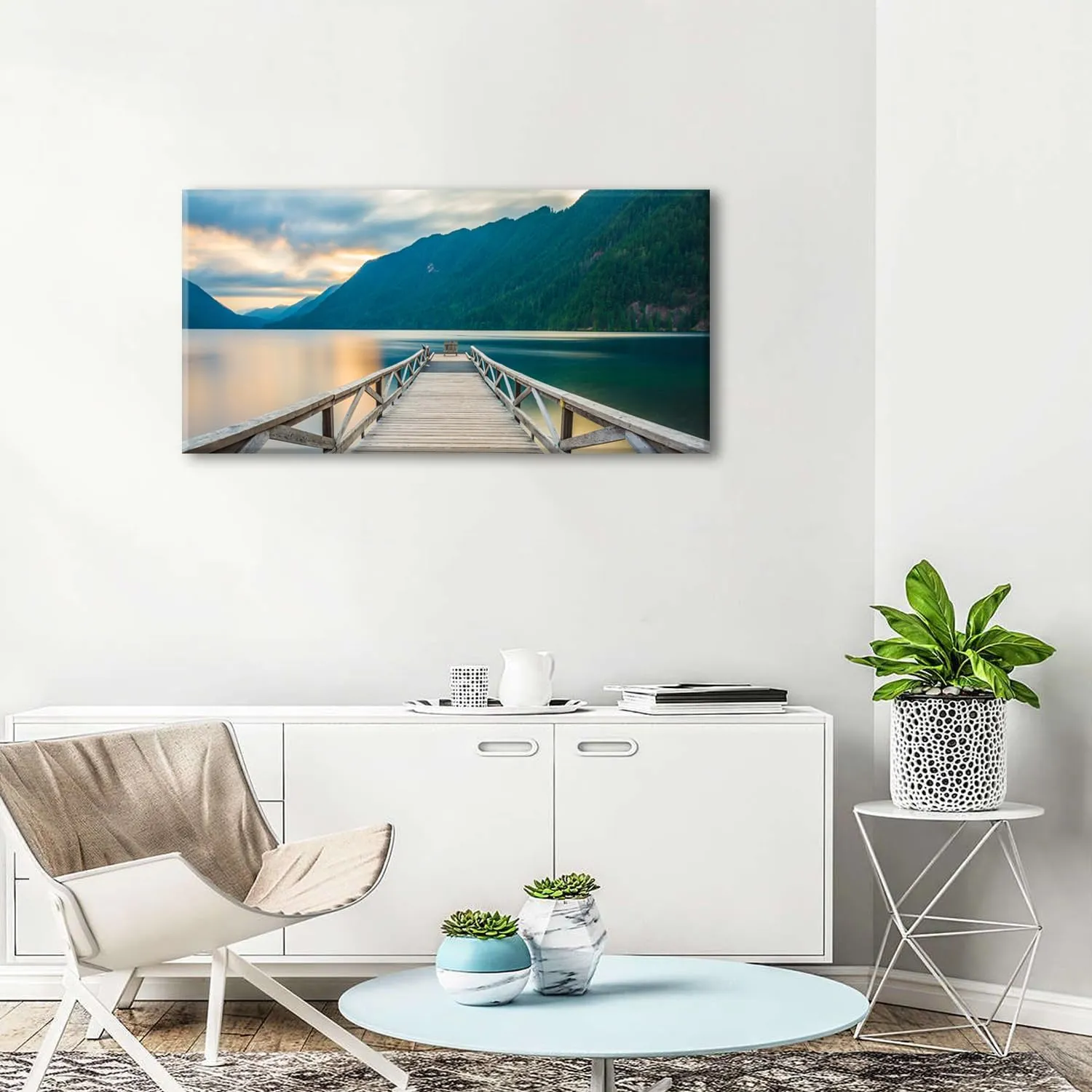 Olympic Mountain Canvas Wall Art Living Room Decor Crescent Lake Landscape Pictures Sunset National Park Posters Nature Wood Dock Scenery Painting Artwork for Bedroom Office Home Decoration 20x40"