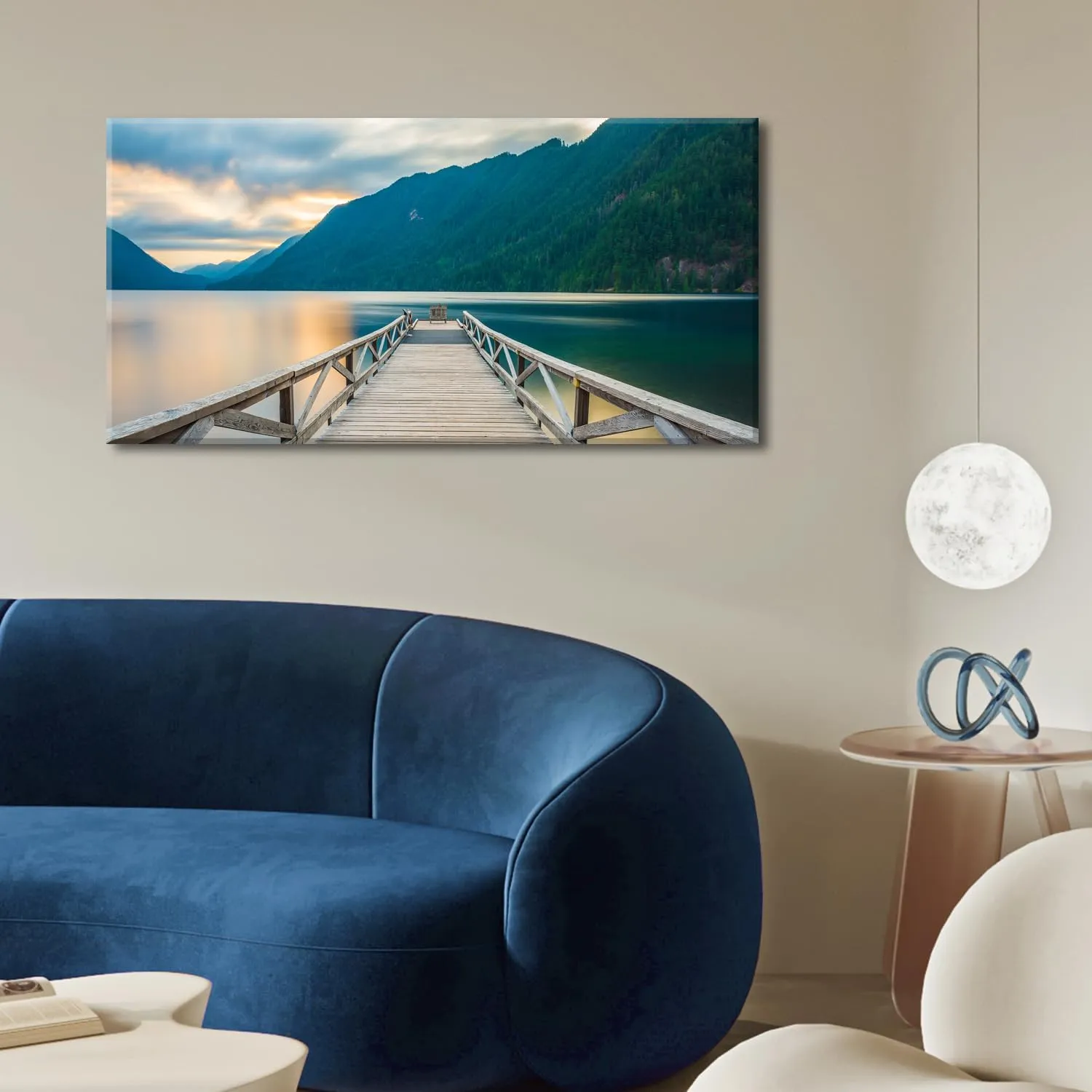 Olympic Mountain Canvas Wall Art Living Room Decor Crescent Lake Landscape Pictures Sunset National Park Posters Nature Wood Dock Scenery Painting Artwork for Bedroom Office Home Decoration 20x40"
