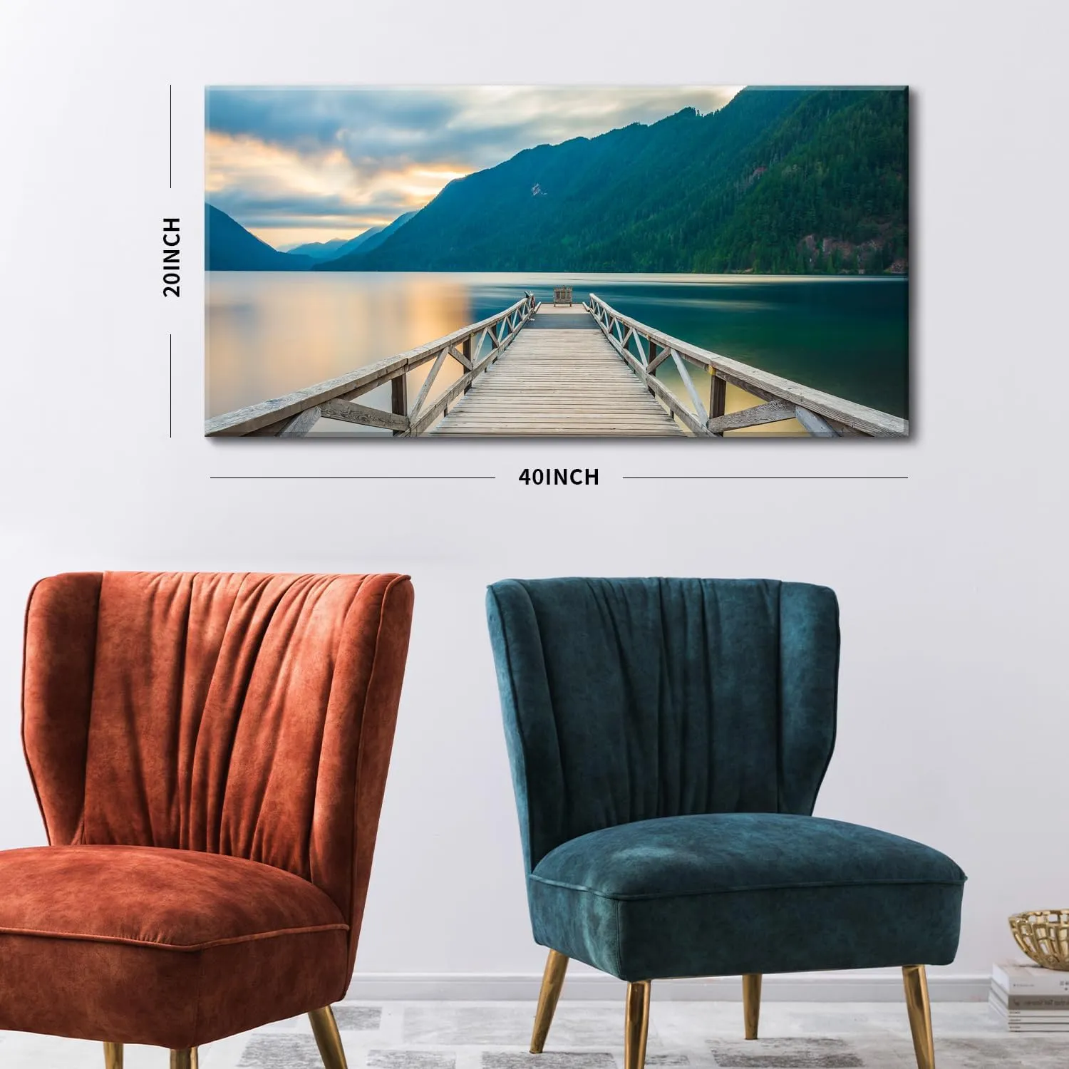 Olympic Mountain Canvas Wall Art Living Room Decor Crescent Lake Landscape Pictures Sunset National Park Posters Nature Wood Dock Scenery Painting Artwork for Bedroom Office Home Decoration 20x40"
