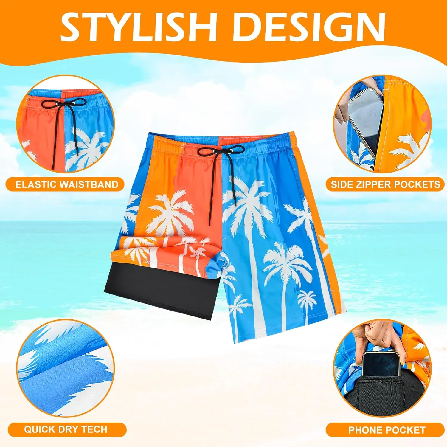 OlyPegic Men's Swim Trunks with Compression Liner Board Beach Shorts Quick Dry Swim Shorts Bathing Suits with Zipper Pock