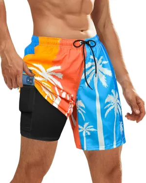 OlyPegic Men's Swim Trunks with Compression Liner Board Beach Shorts Quick Dry Swim Shorts Bathing Suits with Zipper Pock