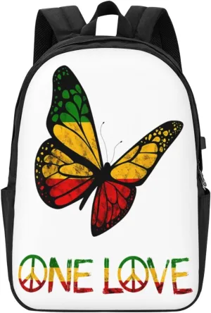 One Loves Butterfly Rasta Reggae Peace Rastafari Roots Backpack 17 Inch Laptop Backpacks Outdoor Travel Rucksack Work Business Daypack with USB Port Carry On Bag for Cycling Hiking