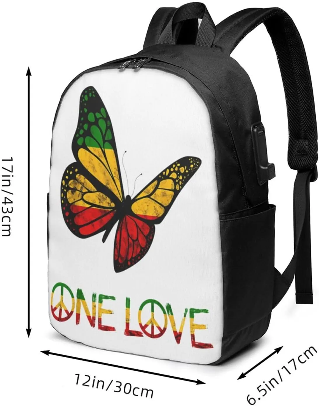 One Loves Butterfly Rasta Reggae Peace Rastafari Roots Backpack 17 Inch Laptop Backpacks Outdoor Travel Rucksack Work Business Daypack with USB Port Carry On Bag for Cycling Hiking