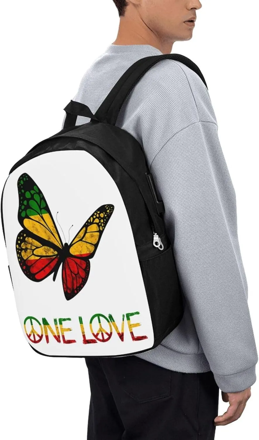 One Loves Butterfly Rasta Reggae Peace Rastafari Roots Backpack 17 Inch Laptop Backpacks Outdoor Travel Rucksack Work Business Daypack with USB Port Carry On Bag for Cycling Hiking