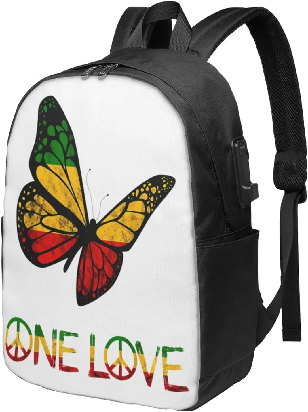 One Loves Butterfly Rasta Reggae Peace Rastafari Roots Backpack 17 Inch Laptop Backpacks Outdoor Travel Rucksack Work Business Daypack with USB Port Carry On Bag for Cycling Hiking
