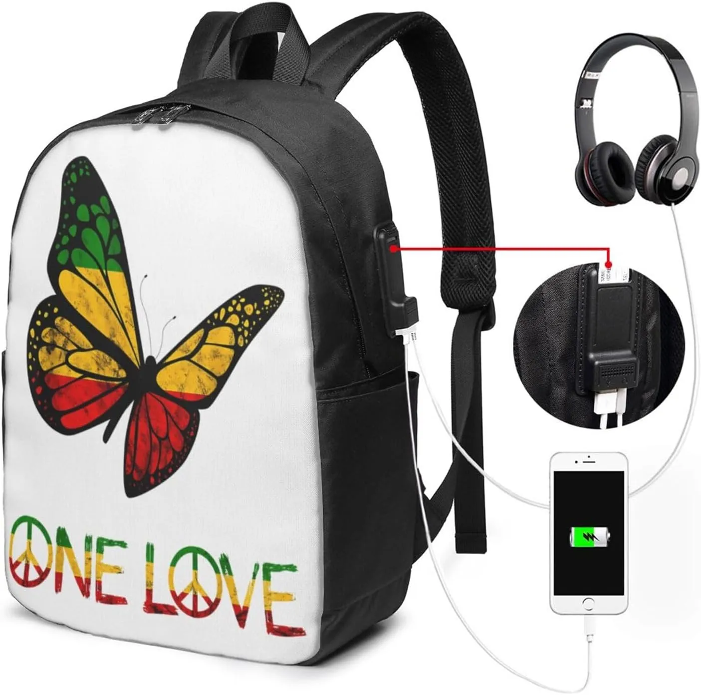 One Loves Butterfly Rasta Reggae Peace Rastafari Roots Backpack 17 Inch Laptop Backpacks Outdoor Travel Rucksack Work Business Daypack with USB Port Carry On Bag for Cycling Hiking