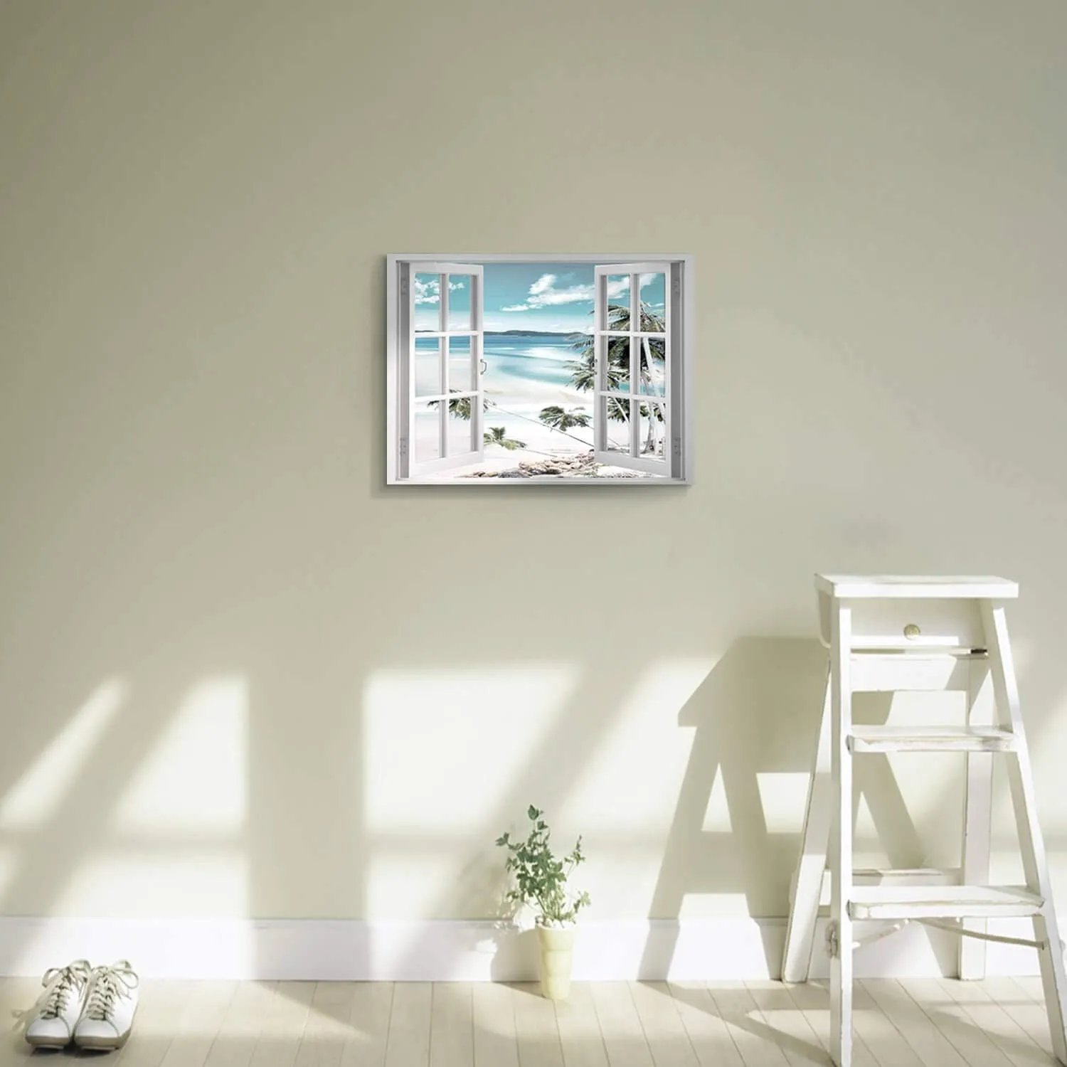 Open Windows Canvas Wall Art: Beach Coastal Palm Graphic Artwork Print on Wrapped Canvas Small for Bedroom(16''x12'')