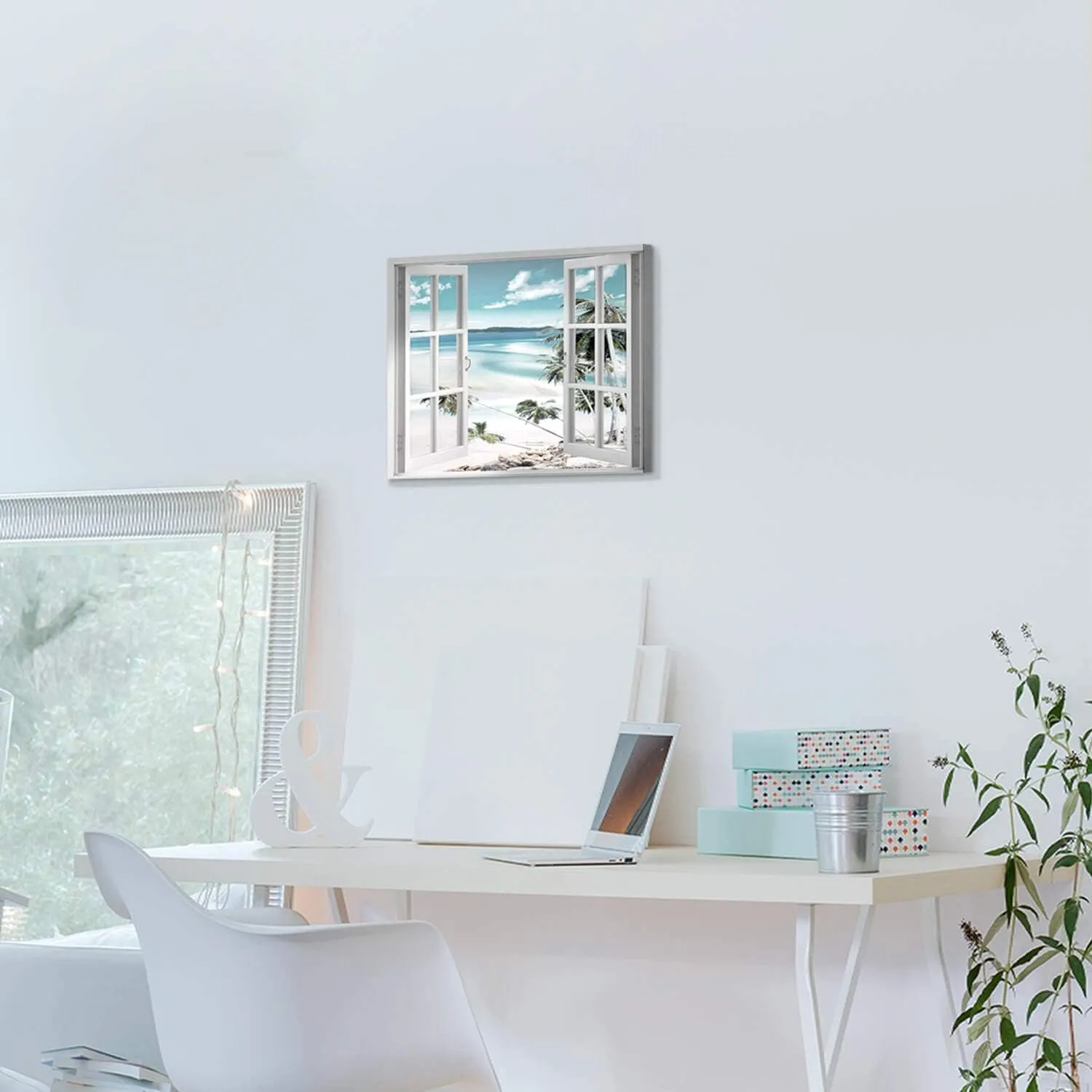 Open Windows Canvas Wall Art: Beach Coastal Palm Graphic Artwork Print on Wrapped Canvas Small for Bedroom(16''x12'')